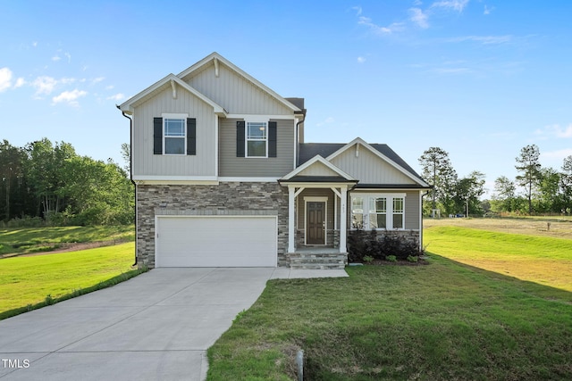 craftsman-style house featuring concrete driveway, stone siding, a garage, and a front yard