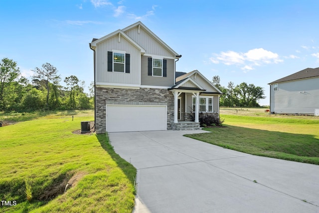 craftsman house featuring an attached garage, stone siding, concrete driveway, a front yard, and cooling unit