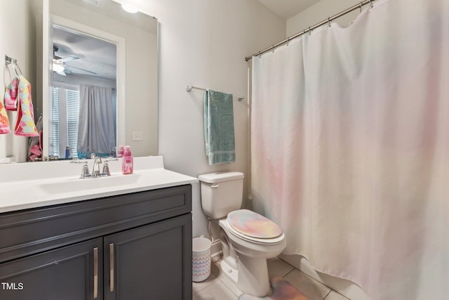 104 Lingonberry Dr, Holly Springs, NC 27540 - bathroom featuring tile patterned flooring, vanity, toilet, a ceiling fan, and curtained shower