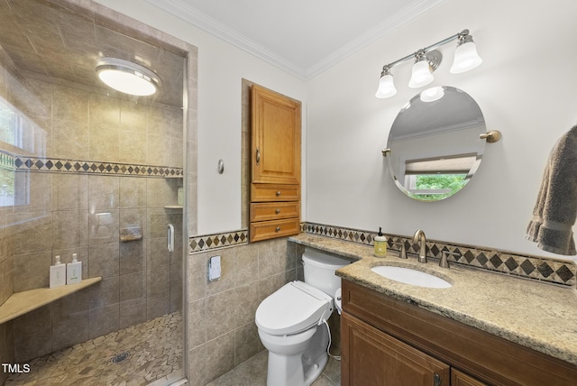 full bathroom featuring tile walls, a shower stall, vanity, tile patterned floors, and toilet