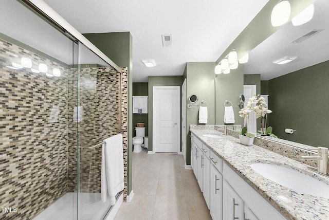 full bath with visible vents, a sink, toilet, and a shower stall