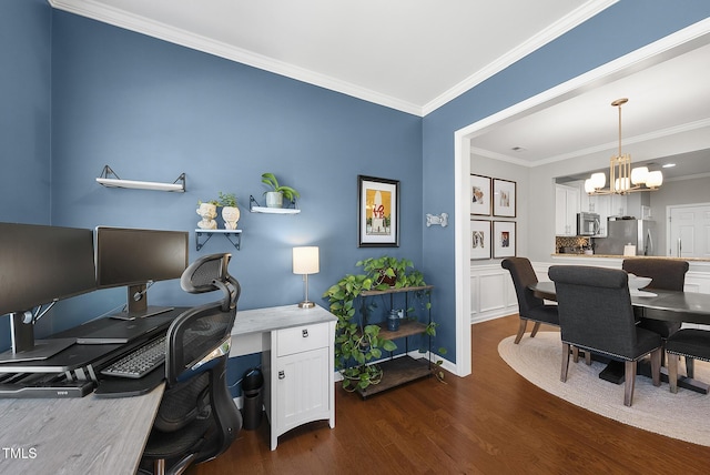 office featuring baseboards, a notable chandelier, dark wood-style floors, and ornamental molding