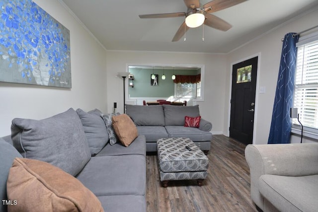 114 Short St E, Hillsborough, NC 27278 - living area featuring crown molding, ceiling fan, and wood finished floors