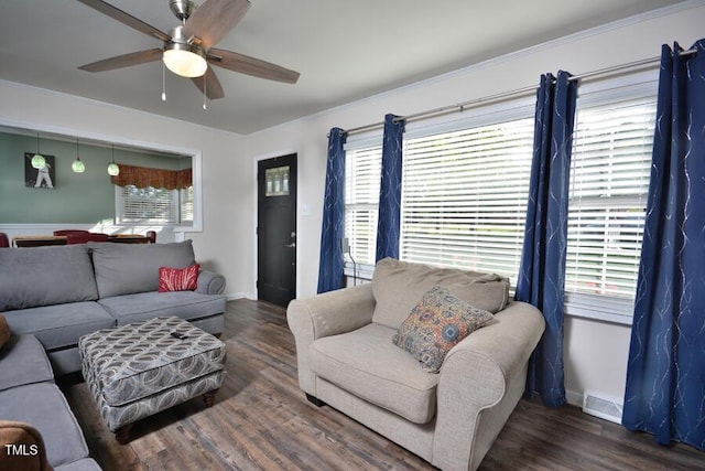 114 Short St E, Hillsborough, NC 27278 - living room with visible vents, crown molding, wood finished floors, baseboards, and a ceiling fan