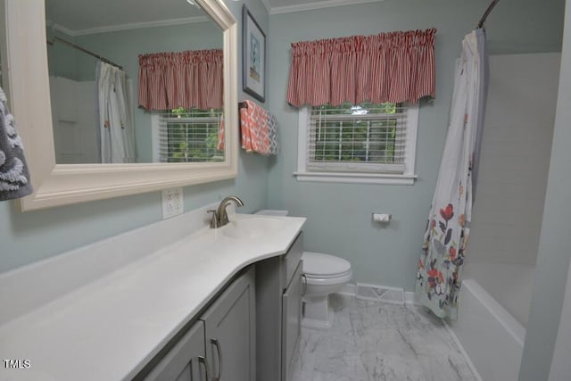 114 Short St E, Hillsborough, NC 27278 - full bathroom featuring crown molding, marble finish floor, toilet, and vanity