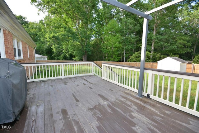 114 Short St E, Hillsborough, NC 27278 - deck featuring a fenced backyard, an outbuilding, a lawn, and a shed