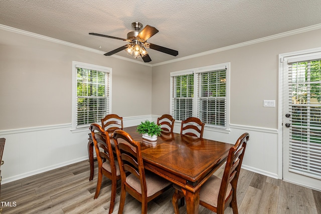 dining room with plenty of natural light, a ceiling fan, wainscoting, and light wood finished floors