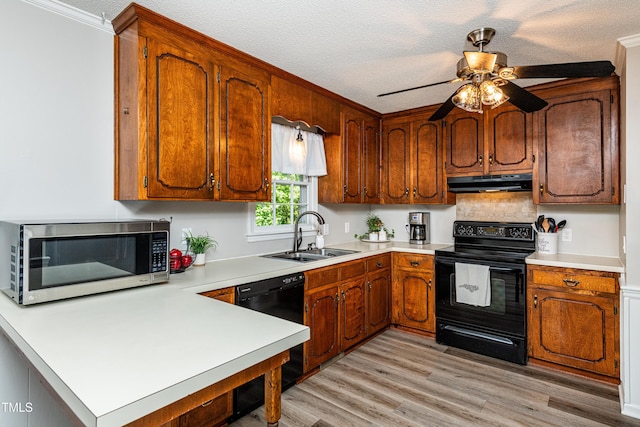 kitchen with a peninsula, stainless steel microwave, under cabinet range hood, black range with electric stovetop, and a sink