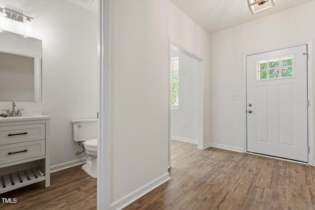 entrance foyer with baseboards, a healthy amount of sunlight, and wood finished floors