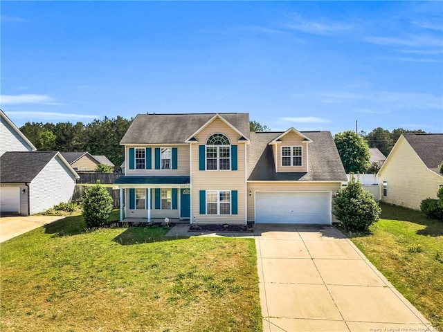 view of front of house with concrete driveway, roof with shingles, and a front yard