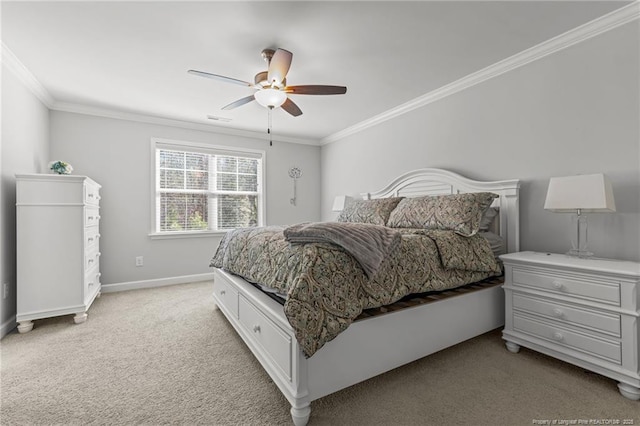 bedroom with crown molding, a ceiling fan, baseboards, and light colored carpet