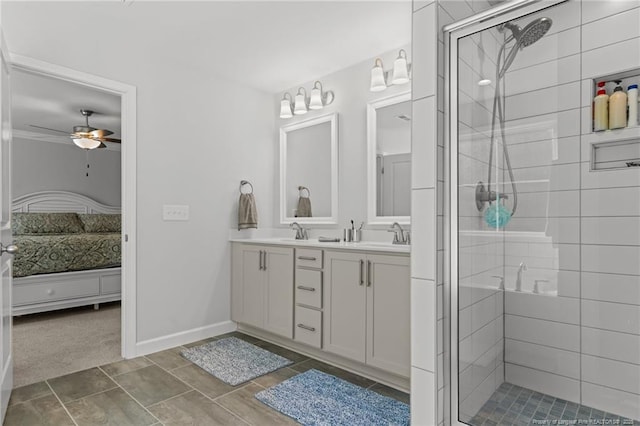 ensuite bathroom featuring double vanity, a ceiling fan, ensuite bath, a sink, and a stall shower