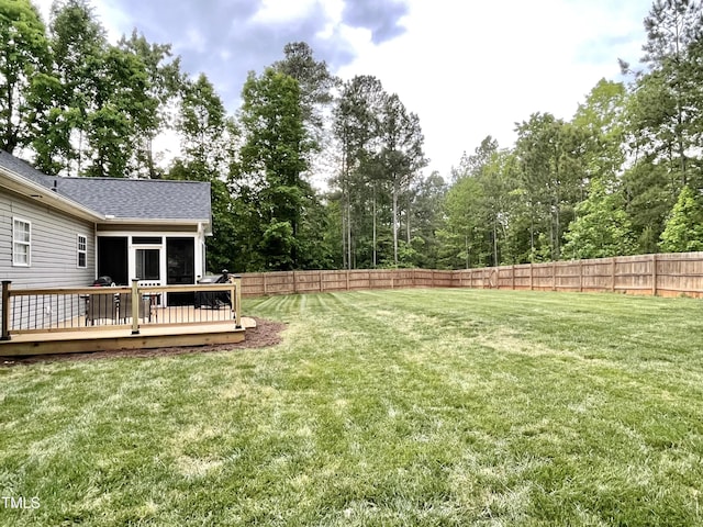 view of yard with a fenced backyard and a wooden deck