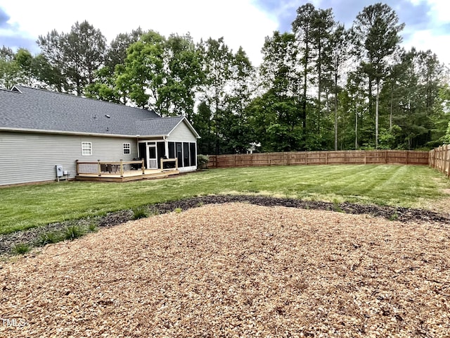 view of yard with a deck, a fenced backyard, and a sunroom