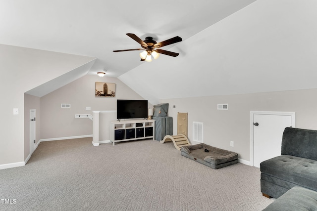 76 Bergeson Ct, Fuquay Varina, NC 27526 - living area with ceiling fan, lofted ceiling, carpet, and baseboards