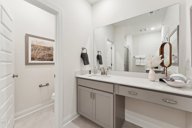 full bath with vanity, visible vents, toilet, baseboards, and a shower stall