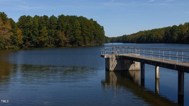 dock area with a water view and a wooded view