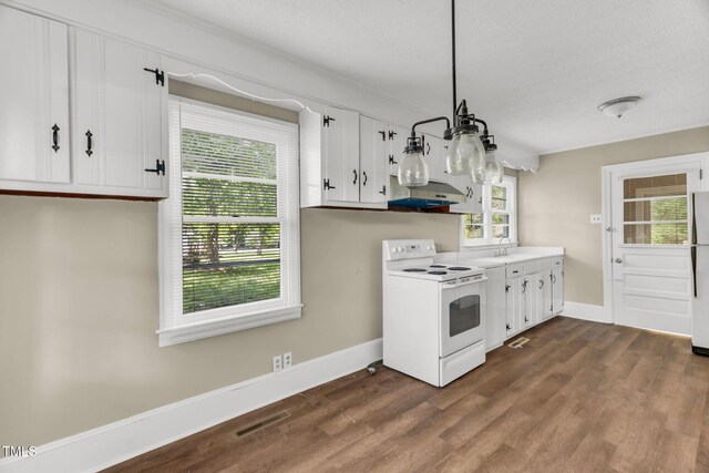 2677 NC-39, Henderson, NC 27537 - kitchen with baseboards, dark wood-style floors, under cabinet range hood, white appliances, and white cabinetry