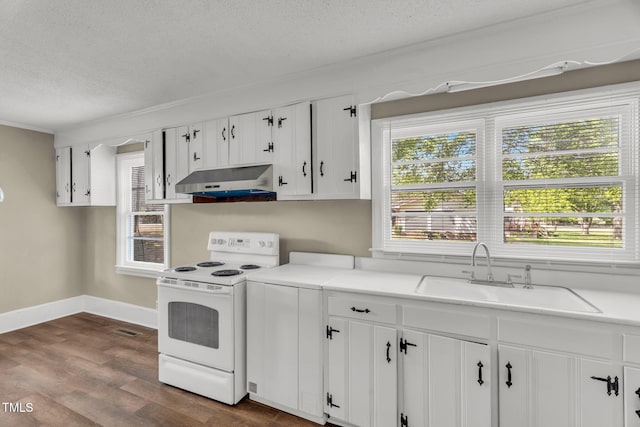 2677 NC-39, Henderson, NC 27537 - kitchen with a textured ceiling, under cabinet range hood, white cabinets, a sink, and white electric stove