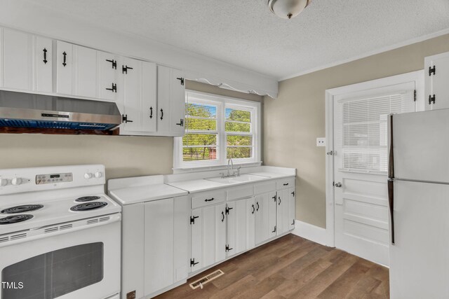 2677 NC-39, Henderson, NC 27537 - kitchen featuring exhaust hood, dark wood-style flooring, visible vents, a sink, and white appliances