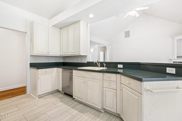 kitchen with stainless steel dishwasher, dark countertops, visible vents, and a sink