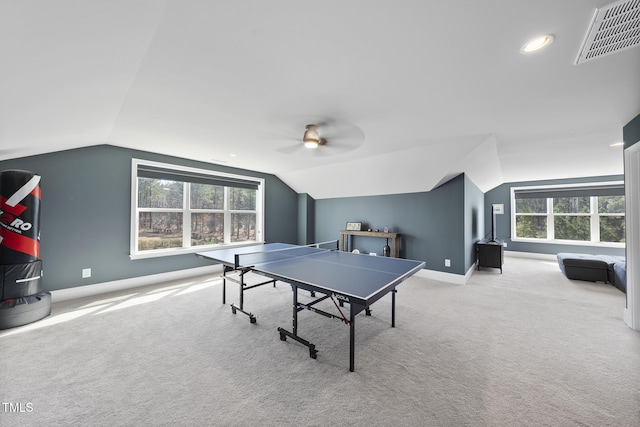 game room featuring carpet floors, a ceiling fan, visible vents, and lofted ceiling