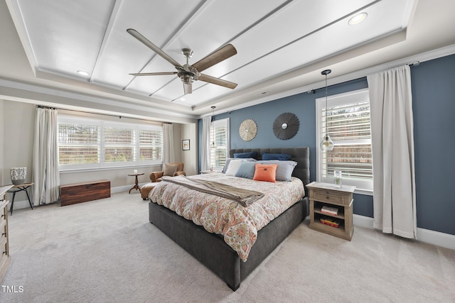 bedroom featuring baseboards, a tray ceiling, recessed lighting, and light colored carpet