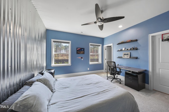 bedroom with baseboards, carpet, ceiling fan, and visible vents