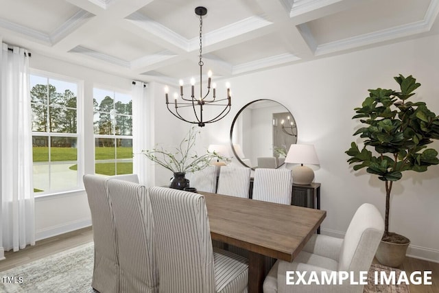 15 Celtic Ln, Lillington, NC 27546 - dining room featuring beam ceiling, wood finished floors, baseboards, coffered ceiling, and a notable chandelier