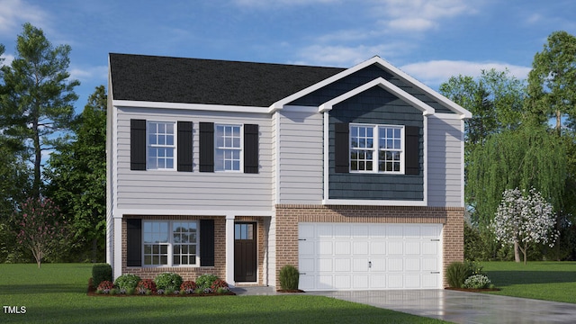 view of front facade featuring brick siding, driveway, a front lawn, and a garage