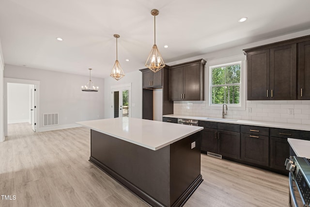kitchen featuring dark brown cabinetry, a sink, stainless steel appliances, tasteful backsplash, and visible vents