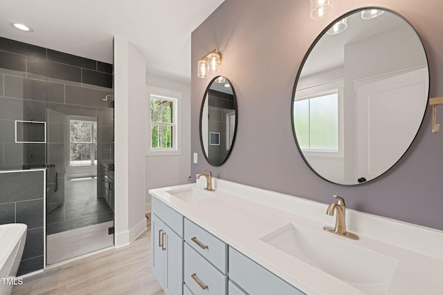 full bath featuring double vanity, a freestanding bath, a sink, and a stall shower