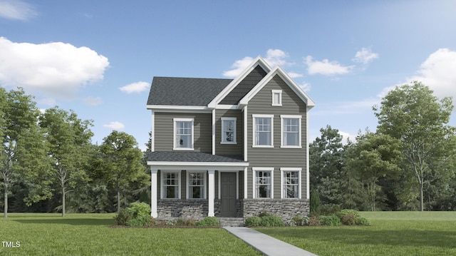 view of front of home with stone siding, a shingled roof, and a front yard