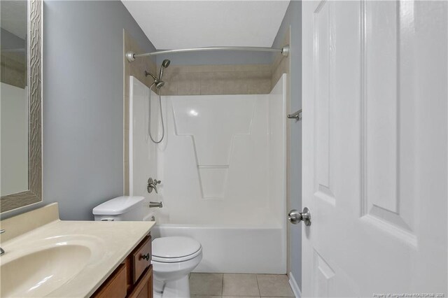 bathroom with vanity, tile patterned floors, shower / bathing tub combination, and toilet