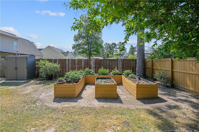 view of patio featuring a storage shed, a garden, an outdoor structure, and a fenced backyard
