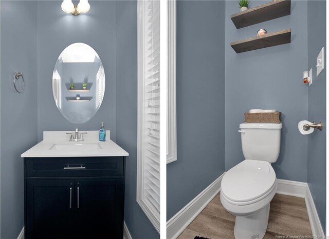 half bathroom featuring toilet, baseboards, wood finished floors, and vanity