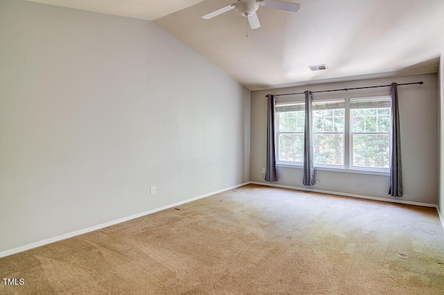unfurnished room with carpet floors, ceiling fan, baseboards, and visible vents