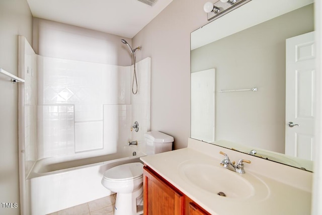 bathroom with tile patterned flooring, visible vents, vanity, toilet, and shower / bath combination
