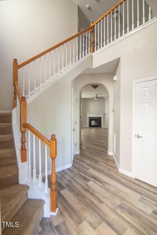 interior space featuring a high ceiling, ceiling fan, arched walkways, baseboards, and wood finished floors