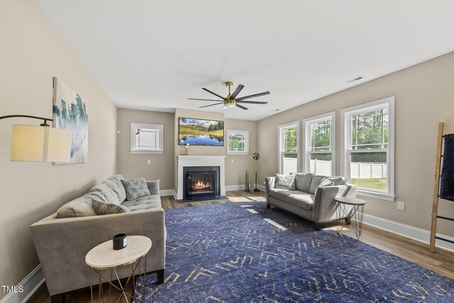 living room with a fireplace with flush hearth, plenty of natural light, a ceiling fan, and wood finished floors
