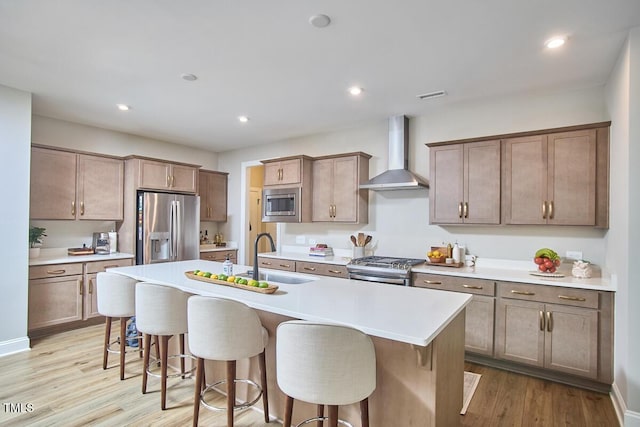 kitchen with wall chimney range hood, a sink, a kitchen island with sink, a kitchen breakfast bar, and stainless steel appliances