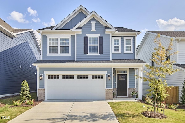 craftsman inspired home with fence, brick siding, board and batten siding, an attached garage, and driveway