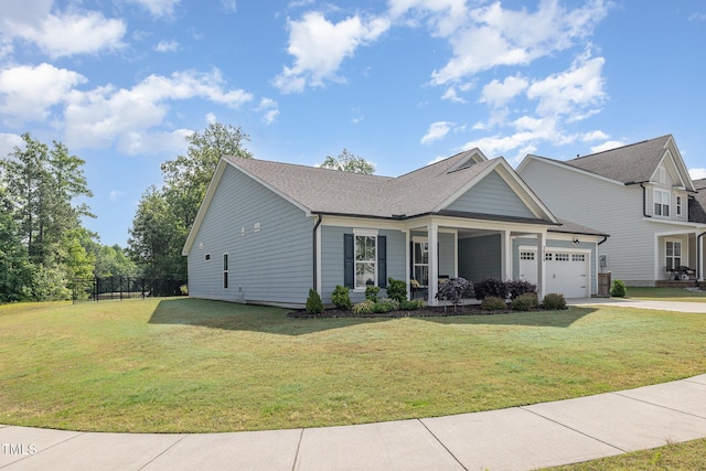 view of front of house featuring concrete driveway, an attached garage, covered porch, and a shingled roof