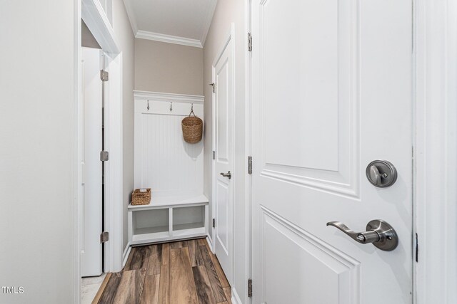 mudroom featuring ornamental molding and wood finished floors
