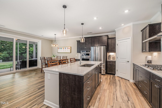 kitchen featuring stainless steel appliances, a sink, dark brown cabinetry, ornamental molding, and light wood-type flooring