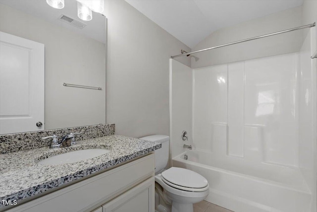 52 Brunello Ct, Clayton, NC 27527 - bathroom with visible vents, vanity, lofted ceiling, shower / bathtub combination, and toilet