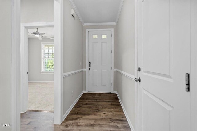 52 Brunello Ct, Clayton, NC 27527 - doorway with crown molding, ceiling fan, dark wood finished floors, and baseboards