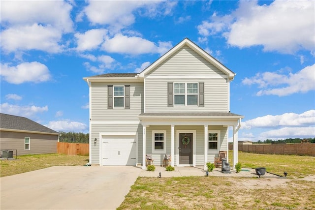 view of front of house with a porch, a front yard, fence, concrete driveway, and an attached garage