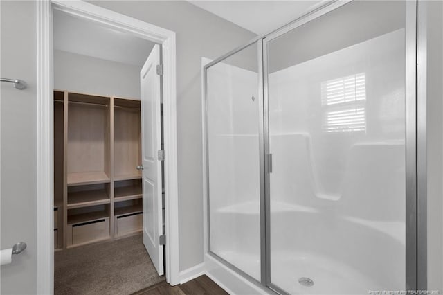 566 Carolina Church Rd, Saint Pauls, NC 28384 - bathroom featuring a stall shower and a spacious closet