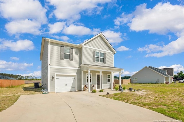 566 Carolina Church Rd, Saint Pauls, NC 28384 - traditional-style house featuring a porch, central AC, an attached garage, and driveway